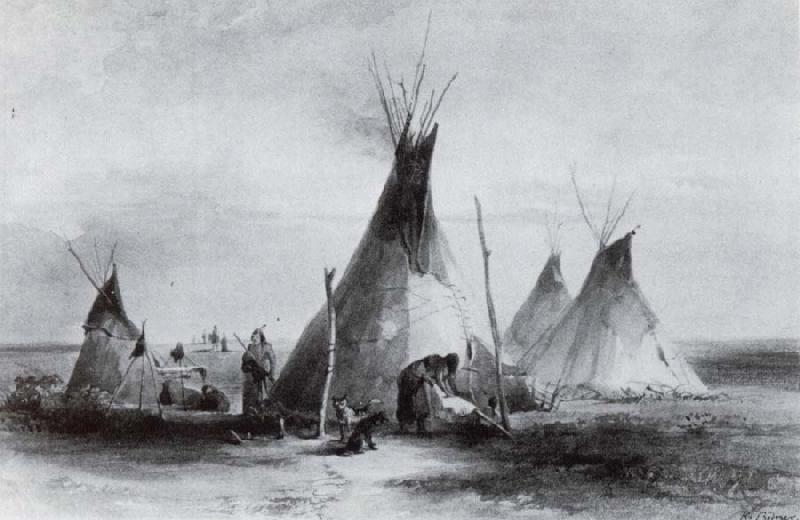 Karl Bodmer Lederzelte der Assiniboins nabe Fort oil painting image